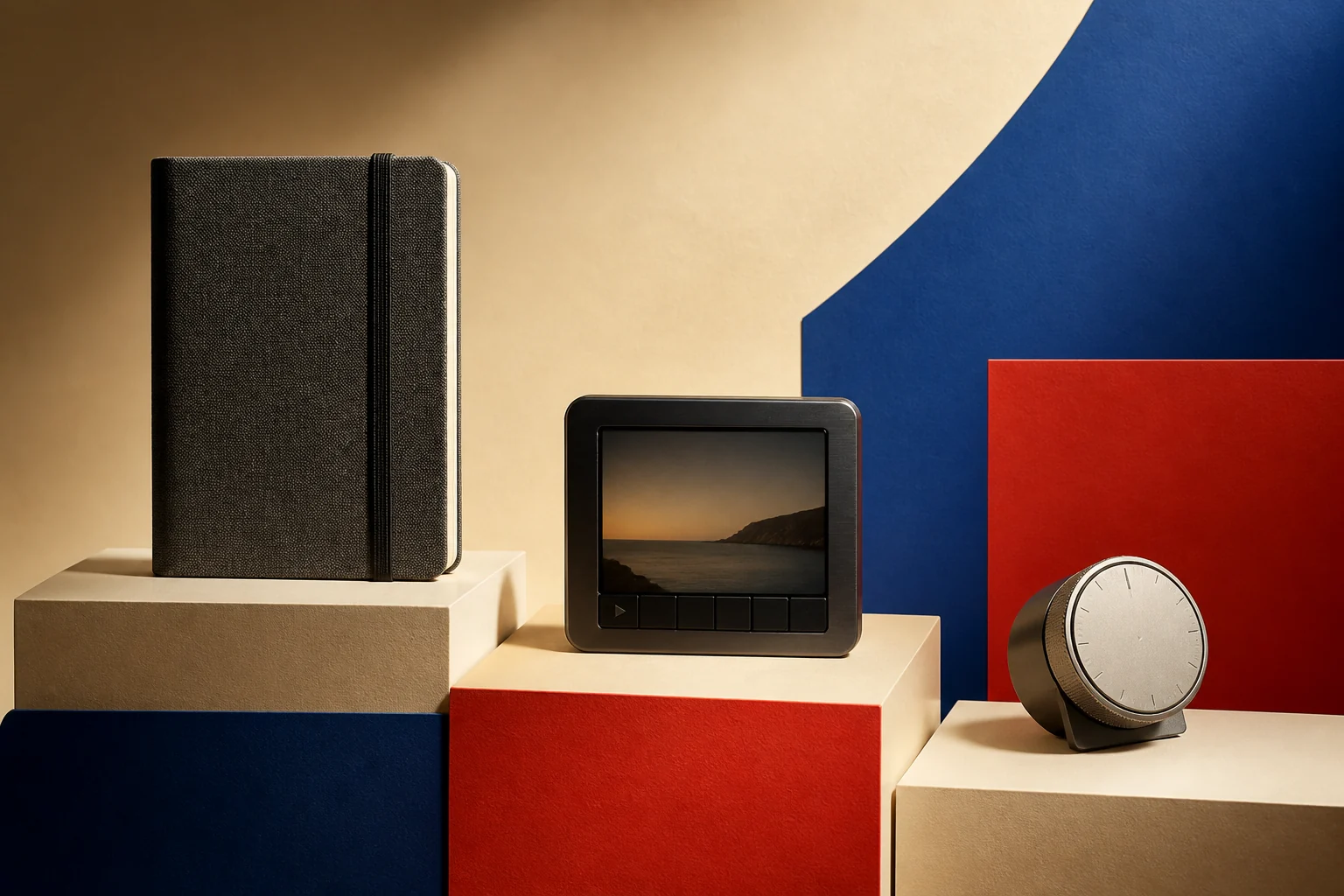 Three distinct AI tool archetypes presented on colourful editorial plinths